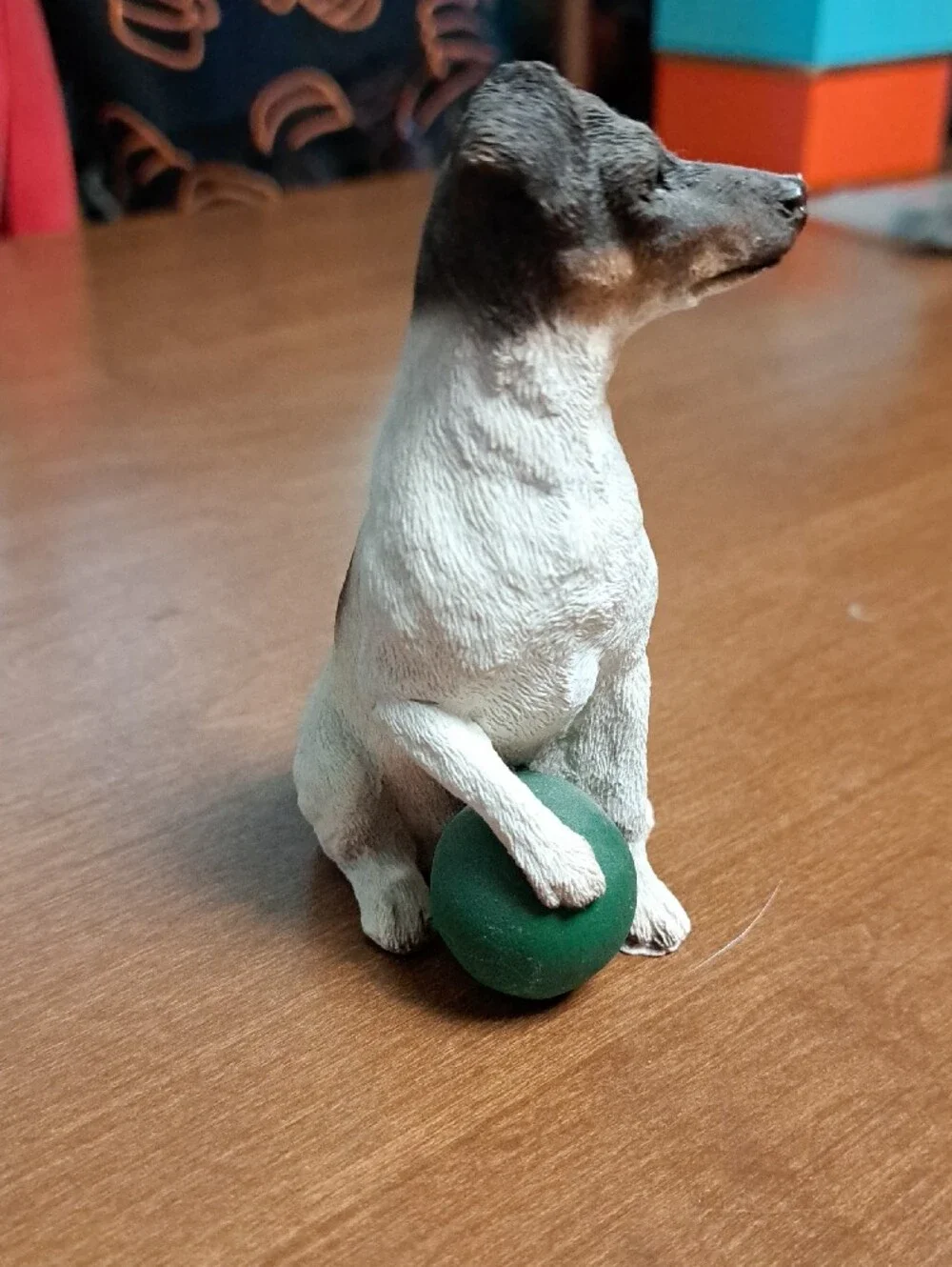 Dog Figurine with Green Ball - White and Brown Decorative Pet Statue